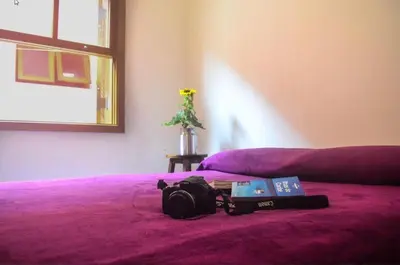 a purple bed with a backpack and a book on it at Art House Old Town in Podgorica
