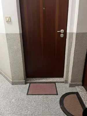 a brown door in a hallway with a door mat at Apartman Tijana in Budva