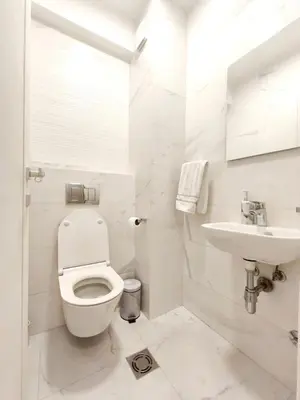 a white bathroom with a toilet and a sink at Central Point Apartment in Podgorica