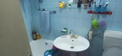 a bathroom with a sink and a toilet at Cozy city center apartment in Podgorica