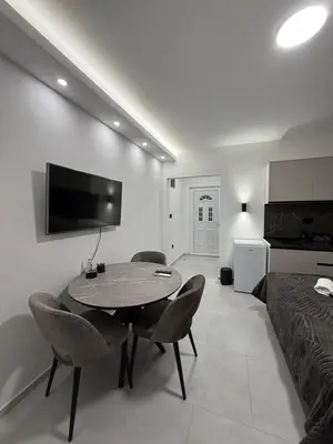 a living room with a table and chairs and a bed at Apartmani Zabjelo in Podgorica