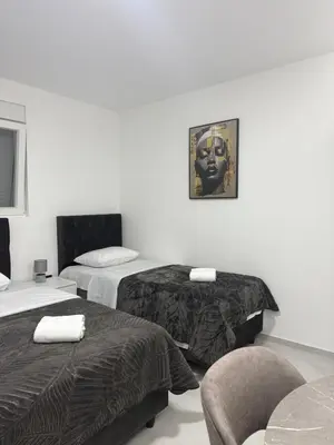 a hotel room with two beds and a chair at Apartmani Zabjelo in Podgorica