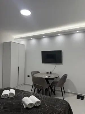 a bedroom with two beds and a table and a tv at Apartmani Zabjelo in Podgorica