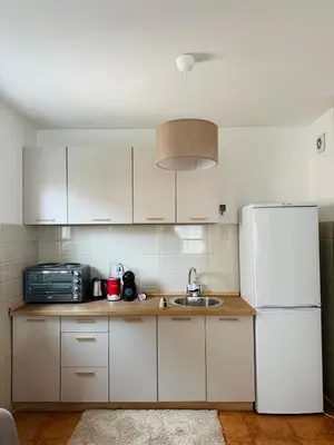 a kitchen with a white refrigerator and a sink at Comfort corner Podgorica in Podgorica