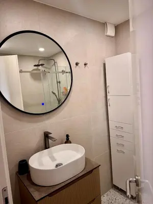 a bathroom with a white sink and a mirror at Bright & Modern Apartment in City Kvart in Podgorica