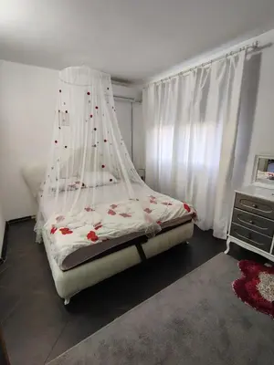 a bedroom with a bed with a mosquito net at Katata Apartment in Podgorica