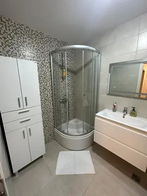 a bathroom with a shower and a tub and a sink at ViSi 10 in Podgorica