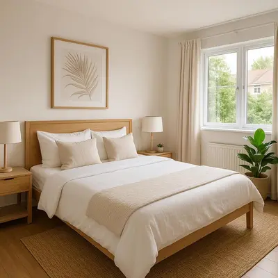 a white bedroom with a large bed and a window at Mia Suites in Podgorica