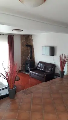 a living room with a leather couch and a stove at Teona-Apartments in Sutomore