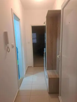 a hallway leading to a bathroom with a walk in closet at Apartman 3D in Podgorica