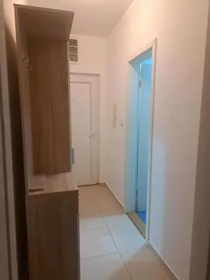 a hallway with a blue door in a room at Apartman 3D in Podgorica
