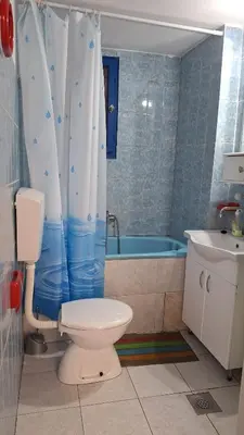 a bathroom with a toilet and a shower curtain at Simpi in Pržno