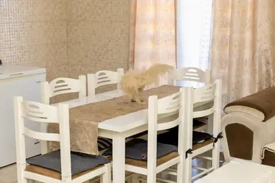 a dog sitting on a table in a kitchen at PrivatHomeUlcinj1 in Ulcinj