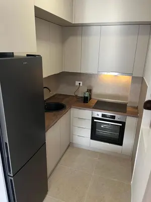 a kitchen with a black refrigerator and a sink at Apartman Lux M Residence PG in Podgorica