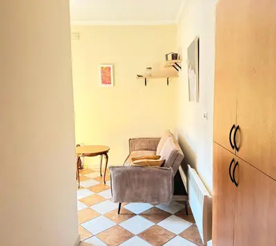 a living room with a chair and a table at Charming terrace studio in Podgorica