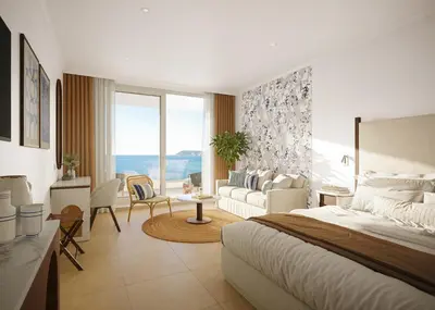 a bedroom with a bed and a living room at Iberostar Selection Montenegro in Bar