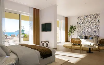 a bedroom with a bed and a living room at Iberostar Selection Montenegro in Bar