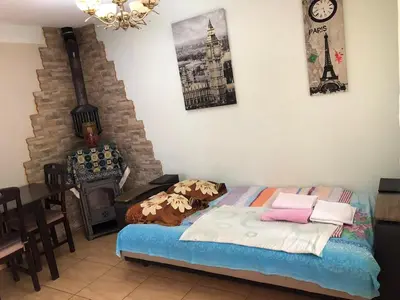 a bedroom with a bed and a table and a fireplace at Apartments Dubrava 106 in Dobra Voda
