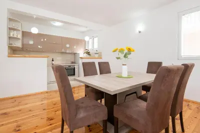 a kitchen with a table with chairs and a vase of flowers at GALIOT Apartment in Škaljari