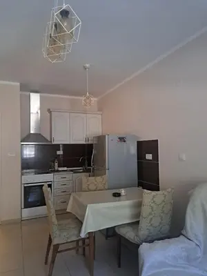 a kitchen with a table and chairs in a kitchen at Apartman D3 in Podgorica