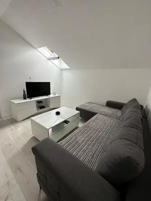 a living room with a couch and a tv at Andrea Apartment in Podgorica