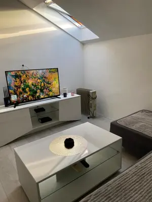 a living room with a flat screen tv and a couch at Andrea Apartment in Podgorica