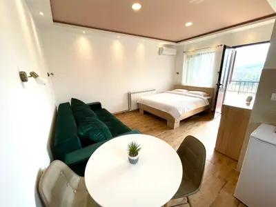 a living room with a green couch and a table at Apartments Four Countesses in Virpazar