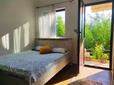 a bedroom with a bed with a window and a door at Apartments Four Countesses in Virpazar