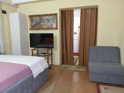 a bedroom with a bed and a chair and a television at Snežana in Budva
