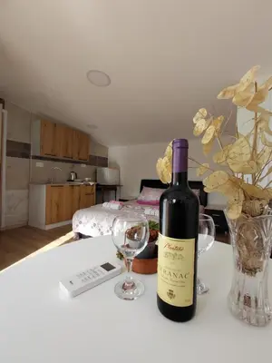 a bottle of wine sitting on a table with two glasses at Studio apartman Milena 1 in Podgorica