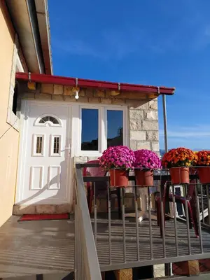 a porch with flowers in flowerpots on a balcony at Studio apartman Milena 1 in Podgorica