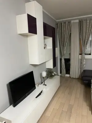 a living room with a flat screen tv on a wall at Apartment Peace in Podgorica