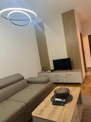 a living room with a couch and a table at Studio apartman in Budva