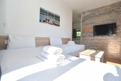 two beds in a room with a tv on a brick wall at Lux Čanj in Čanj