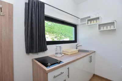 a small kitchen with a sink and a window at Lux Čanj in Čanj
