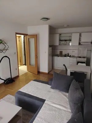 a living room with a couch and a kitchen at Sicilija apartment in Podgorica
