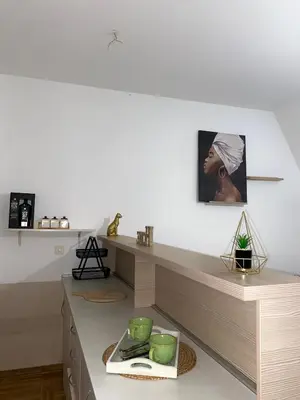 a room with a counter with a shelf and a picture at Apartment little paradise in Podgorica