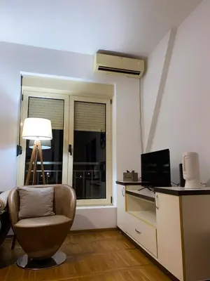 a living room with a chair and a window at Apartment little paradise in Podgorica