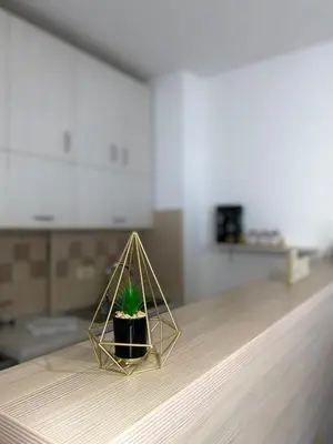a small plant in a gold triangle on a table at Apartment little paradise in Podgorica