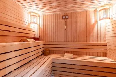 a sauna with wooden paneled walls and wooden floors at Obrad Pržno See View in Kamenovo