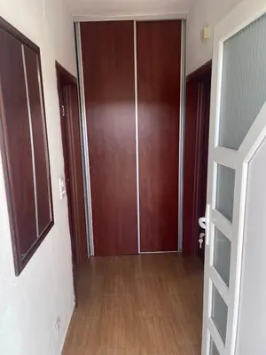 a hallway with wooden doors and a wooden floor at Duplex apartment in Podgorica in Podgorica