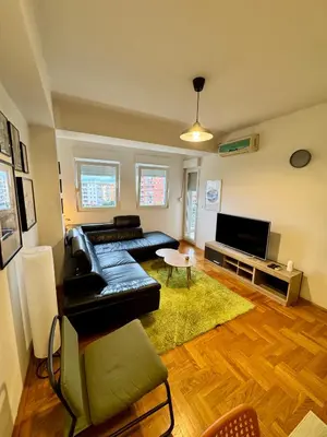 a living room with a black leather couch and a television at Bright & Cozy Urban Apartment in Podgorica