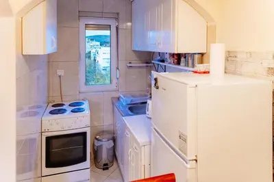 a kitchen with a white refrigerator and a sink at Milenijum apartman in Podgorica