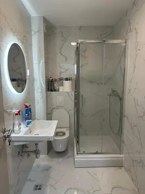 a bathroom with a shower and a toilet and a sink at Apartman 2937 in Podgorica