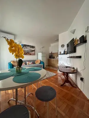 a living room with a table and chairs in a room at Sheldon in Budva