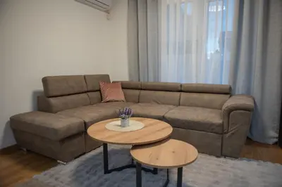 a living room with a couch and a table at Phenix Apartments Parking FREE in Podgorica