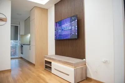 a living room with a television on a wall at Phenix Apartments Parking FREE in Podgorica