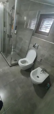 a bathroom with a toilet and a shower and a sink at Anika in Podgorica