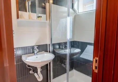 a bathroom with a sink and a glass shower at Guest House Vucicevic in Budva