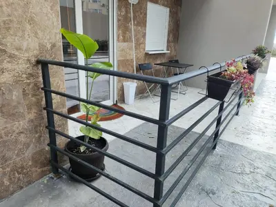 a black railing with potted plants next to a building at Apartments Sunny in Becici